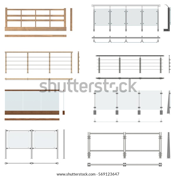手すりのフェンスのセット 正面図 平面図 側面図 白い背景に のイラスト素材