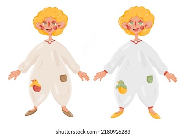 A set of raster illustrations depicting a character from a fairy tale. A little boy in white clothes smiles. Character design for books. The baby is a blond child. Pencil style, hand drawing.  - Powered by Shutterstock