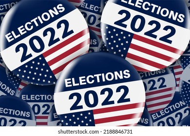 Set Of Realistic Circle Pins Or Badge With Us American Flag. US, USA, American Election, Voting Sign. 2022 Midterm Election. Responsible Voting Badge Or Pin. Flat Lay. Top View. Illustration