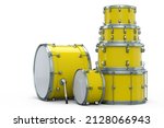 Set of realistic drums or drumset on white background. 3d render concept of musical percussion instrument, drum machine and drumset