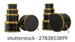 Set of realistic drums or drumset on white background. 3d render concept of musical percussion instrument, drum machine and drumset