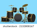 Set of realistic drums with metal cymbals on blue background. 3d render concept of musical percussion instrument, drum machine and drumset