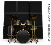 Set of realistic drums with metal cymbals or drumset and amplifier on white background. 3d render concept of musical percussion instrument, drum machine and drumset