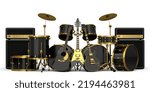 Set of realistic drums with metal cymbals or drumset, amplifier and acoustic guitars on white background. 3d render concept of musical percussion instrument, drum machine and drumset