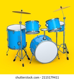 Set of realistic drums with metal cymbals on yellow background. 3d render concept of musical percussion instrument, drum machine and drumset