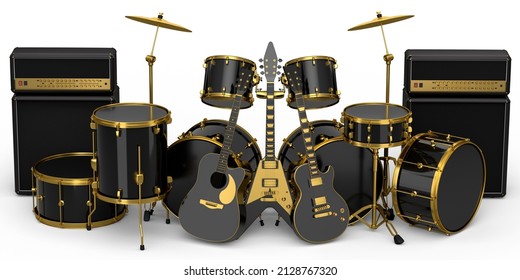 Set of realistic drums with metal cymbals or drumset, amplifier and acoustic guitars on white background. 3d render concept of musical percussion instrument, drum machine and drumset