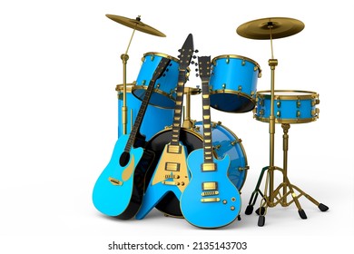 Set of realistic drums with metal cymbals on stands and acoustic guitars on white background. 3d render concept of musical percussion instrument, drum machine and drumset