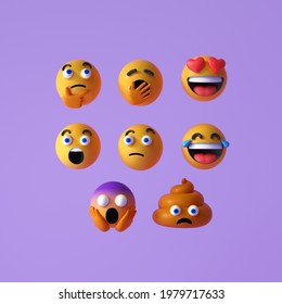 Set of Realistic Emoji or emoticon faces icon. Floating Emojis or emoticons with surprise, funny, and laughing isolated on purple background. 3d render illustration.