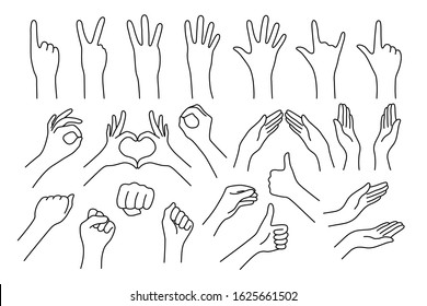 Set Of Realistic Gestures Hand Shape. Black Ley Stroke Logo Graphic Art Design Isolated On White. Concept Of Stop, Help, Rock, Symbol V, Right Left, Animated Number One, Two, Three, Four, Five, Zero