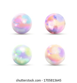 Set Of Realistic Glossy Marble Balls With Rainbow Glare On White