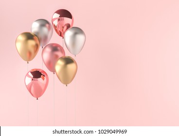 Set of realistic glossy metallic balloons with empty space for birthday, party, promotion social media banners or posters. 3d render illustration. International Women's Day theme.