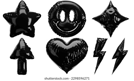 Set of realistic inflated 3D render - elements. Stickers of stars, heart, smile, arrow and lightning bolts. Illustration isolated on a white background.