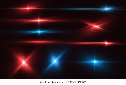 Set of realistic light glare, neon highlight. Collection of bright lens flares. Lighting effects of flash. Red and blue glitter shining stars, glowing sparks on black background. JPG illustration