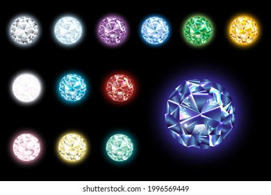 Set Of Realistic Luminous Gems Of Different Colors. Ruby, Diamond, Sapphire, Emerald, Blue Topaz, Amethyst, Aquamarine, White Diamond, Jade, Opal, Blue Zircon, Garnet, Citrine. Jewelery, Shining Stone