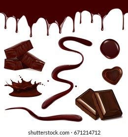 Set of realistic melted chocolate isolated illustration. Bitmap copy