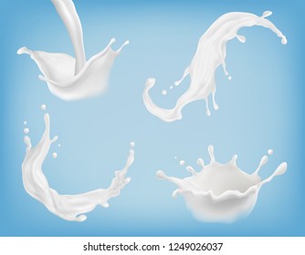  Set Of Realistic Milk Or Yogurt Splashes, Flowing Cream, Abstract White Blots, Milky Swirls Isolated On Blue Background. Clipart For Package Design Of Natural, Organic Dairy Products