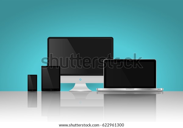 Set of realistic modern digital devices with\
reflections. Vector\
illustration