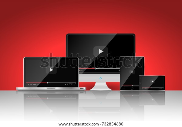 Set of realistic modern\
digital devices with reflections on red background. Video player\
template