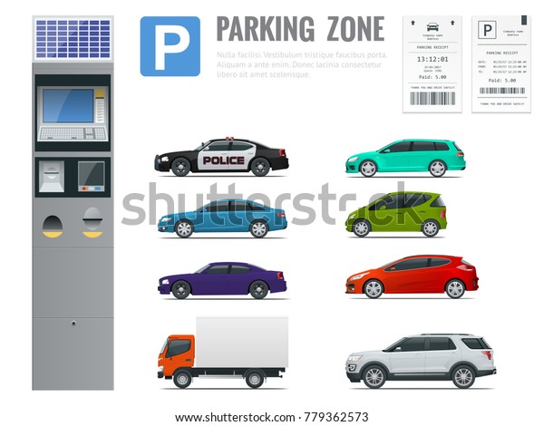 Set of\
realistic modern terminal for paying for car parking, parking\
receipt and cars view from side.\
illustration