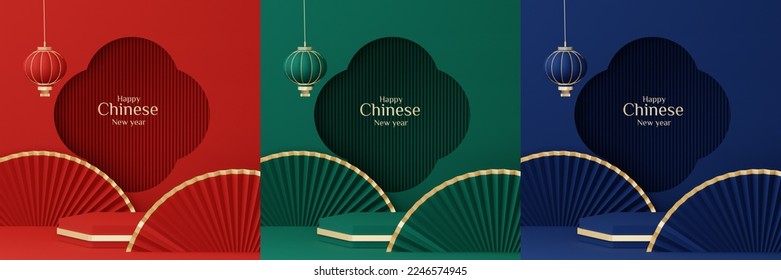 Set of realistic podium chinese new year . product stand podium. Mockup product display. 3D Rendering - Powered by Shutterstock