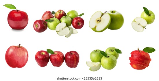 Set of Realistic ripe red Apple fruit. Whole, half and slice cut isolated fruit. 3d vector fresh, crisp sweet natural delight. Ruby-red wedges,bursting with flavor and juiciness,red apple vector set. - Powered by Shutterstock