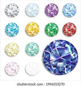 Set Of Realistic Round Gems Of Different Colors. Ruby, Diamond, Sapphire, Emerald, Blue Topaz, Amethyst, Aquamarine, White Diamond, Jade, Opal, Blue Zircon, Garnet, Citrine. Jewelery, Shining Stones. 