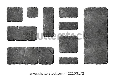 A set of realistic stone interface buttons and fantasy elements. Textured tablets and panels.