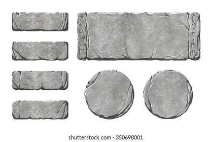 Set of realistic stone or rock interface buttons and panels. Runestones.