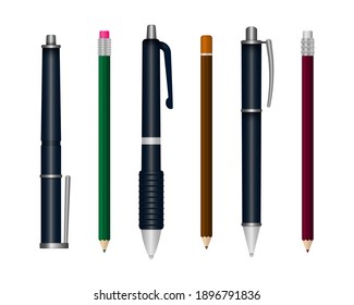 Set of realistic writing pen isolated on a white background. Template of realistic multi colored plastic pens in different angles. 3D colored school stationery. 