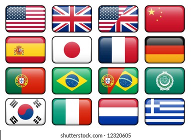Set of rectangular flag buttons representing some of the most popularly used languages.