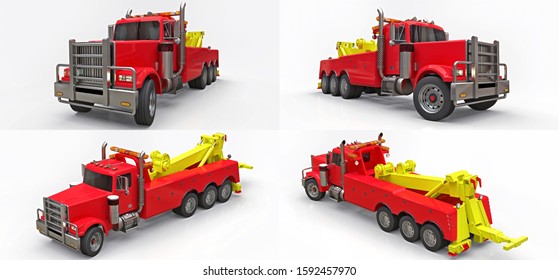 Set Red Cargo Tow Truck To Transport Other Big Trucks Or Various Heavy Machinery. 3d Rendering.