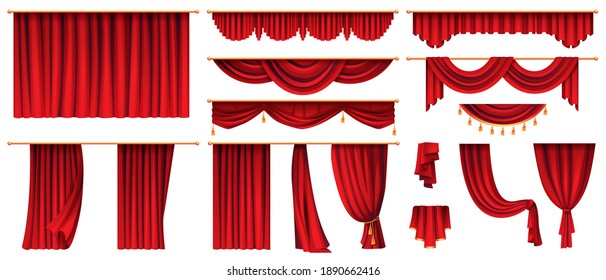 Set of red curtains isolated decorative stage cloth. luxury cornice decor, domestic fabric interior drapery textile labrecque, scarlet silk velvet curtain. Theatre, cinema scenes decorations