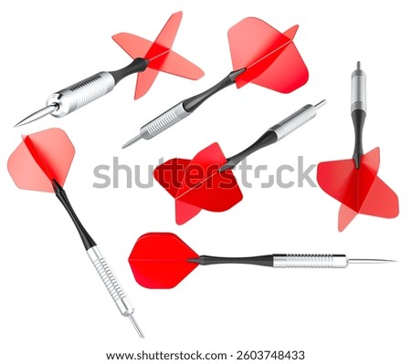 Set of red darts, different views and angles. 3D rendering isolated on white background
