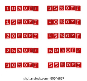 Set of red  discount boxes isolated over white background. Sale percents concept. Selling Badges