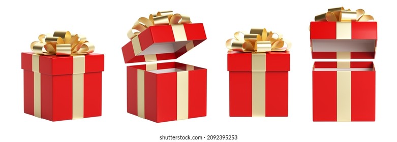 Set Of Red Gift Box Open And Closed. Isolated On A White Background. 3D Illustration