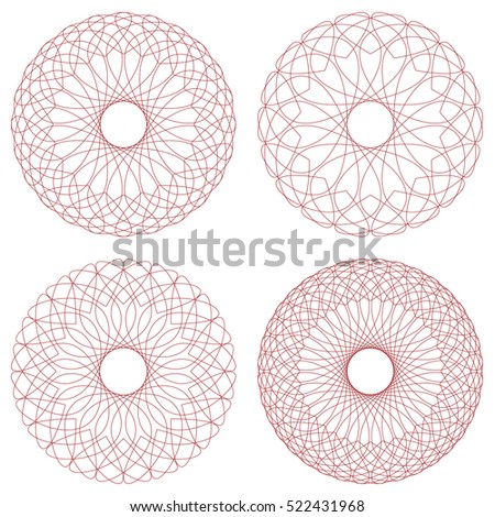 Set of red guilloche rosettes certificate or diplomas, decorative elements