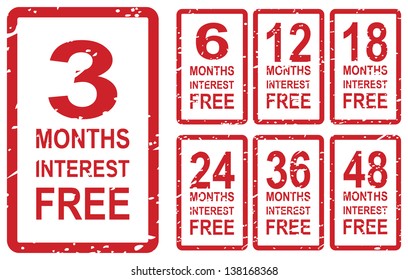 Set Of Red Rubber Stamps For Interest Free Concept, Including 3, 6, 12, 18, 24, 36 And 48 Months Interest Free