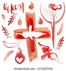 
A set of red watercolor hand-drawn elements on the theme of the Christian holiday "Pentecost, Holy Spirit Day, Descent of the Holy Spirit, Holy Trinity Day". Isolated on a white background.