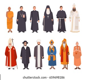 Set Of Religion People. Different Characters Collection Buddhist Monk, Christian Priests, Patriarchs, Rabbi Judaist, Muslim Mullah, Sikh, Hindu Leader, Krishnaite. Colorful Illustration