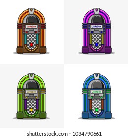 Set Of Retro Jukebox Flat Line Icons In Different Colors On White Background.