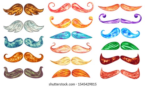 Set of retro moustache, isolated watercolor hand drawn design with clear silhouettes, nice on any color background. Mustaches symbol for decorating photos, hipster posters, christmas cards, barbershop