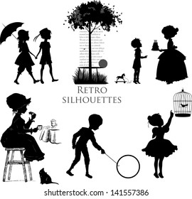 Set of retro silhouettes children. Raster version of vector file