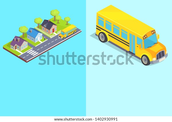 Set of road and school transport posters with\
inscription. isolated raster illustration residential area yellow\
bus on light blue\
background