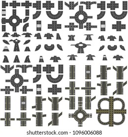 A set of road sections, circular interchanges, various intersections. Top view and perspective.  illustration