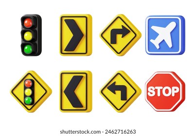 Conjunto de señal de tráfico de carretera aislado. Colección de advertencia vial, obligatoria, prohibición e información de señales de tránsito. representación 3D