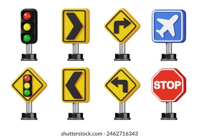 Conjunto de señal de tráfico de carretera aislado. Colección de advertencia vial, obligatoria, prohibición e información de señales de tránsito. representación 3D