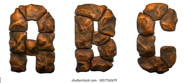 Set of rocky letters A, B, C. Font of stone on white background. 3d rendering