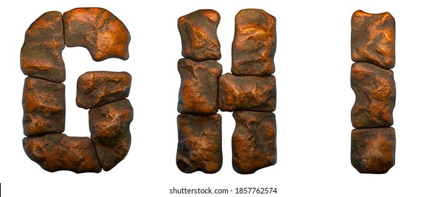 Set of rocky letters G, H, I. Font of stone on white background. 3d rendering