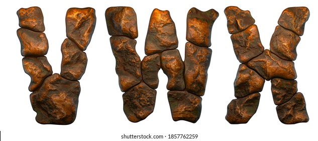 Set of rocky letters V, W, X. Font of stone on white background. 3d rendering