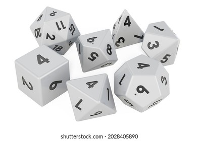 Set of roleplaying dice in various colors. Five Platonic solids and ten-sided die. 3D rendering isolated on white background